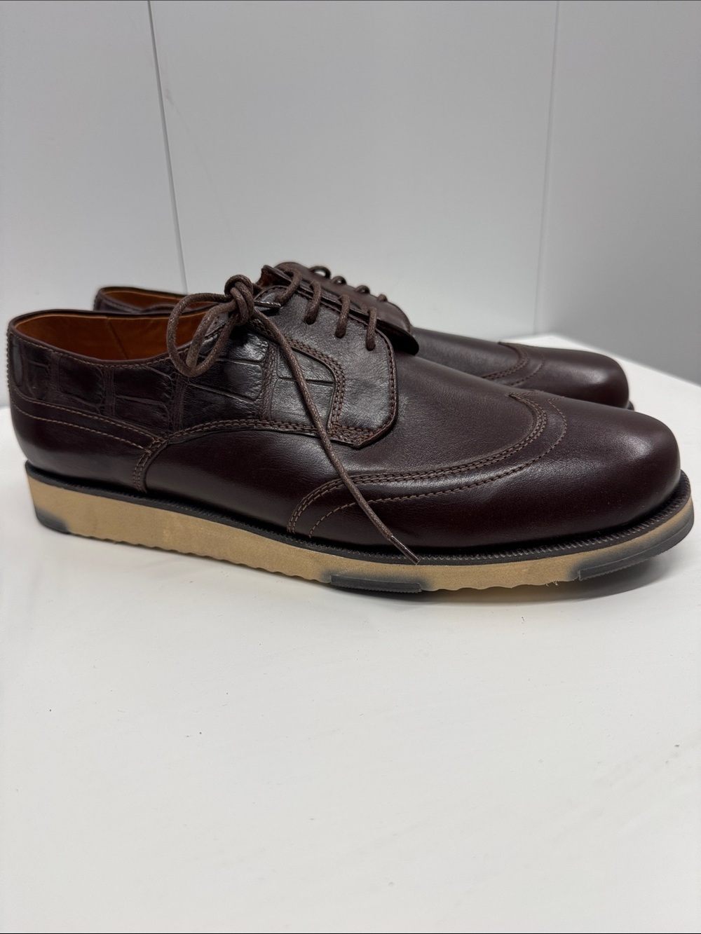 Caporicci real genuine, alligator trim Lace-Up Wingtip Derby - Dark Brown